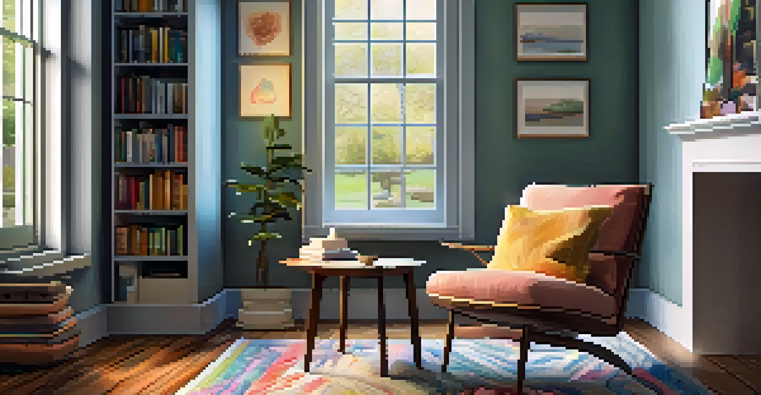 A cozy relaxation nook with an armchair, blanket, soothing artwork, and a bookshelf in a home office.