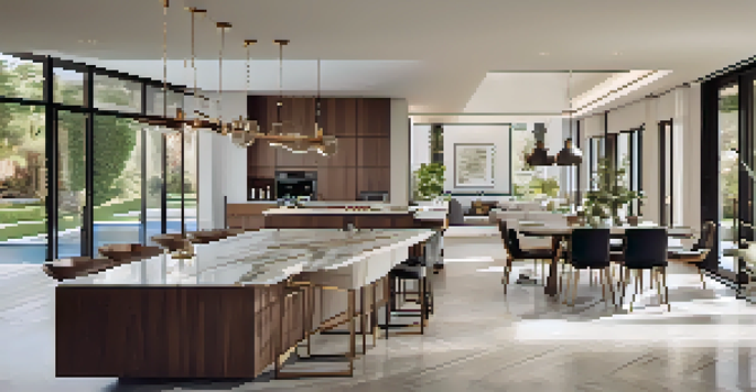 A modern luxury home interior with an open layout, including a kitchen, dining area, and living room filled with natural light and elegant furnishings.