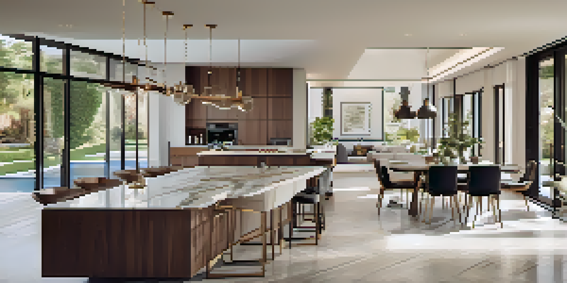A modern luxury home interior with an open layout, including a kitchen, dining area, and living room filled with natural light and elegant furnishings.