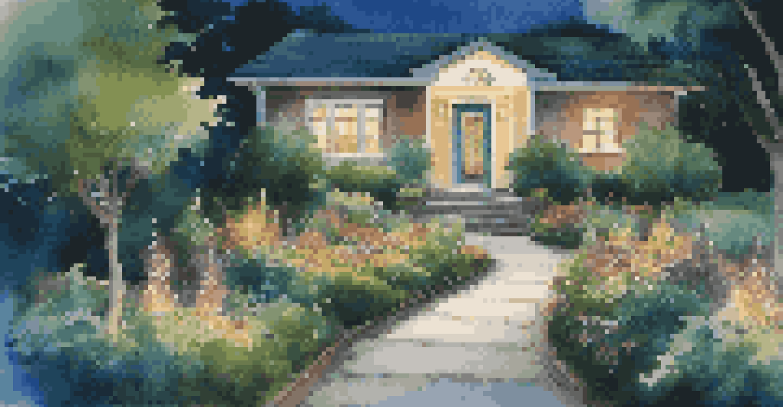 A beautifully lit outdoor pathway leading to a home, surrounded by greenery and flowers, with motion-sensor lights enhancing safety.