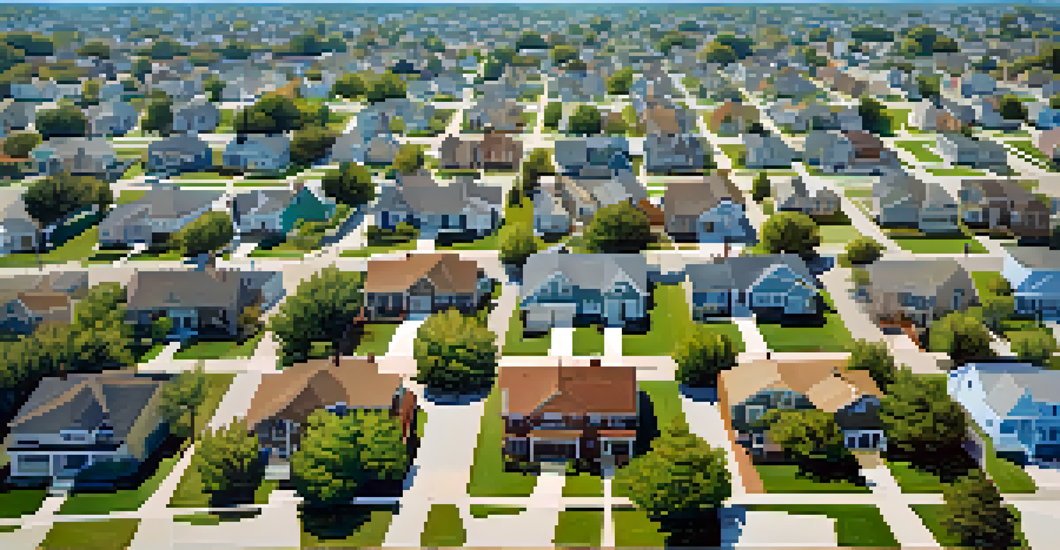 An aerial view of a neighborhood featuring both vacant foreclosed homes and vibrant properties.
