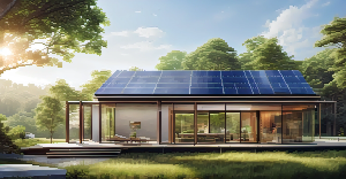 A sustainable building surrounded by green trees, featuring solar panels and large windows under a clear blue sky.