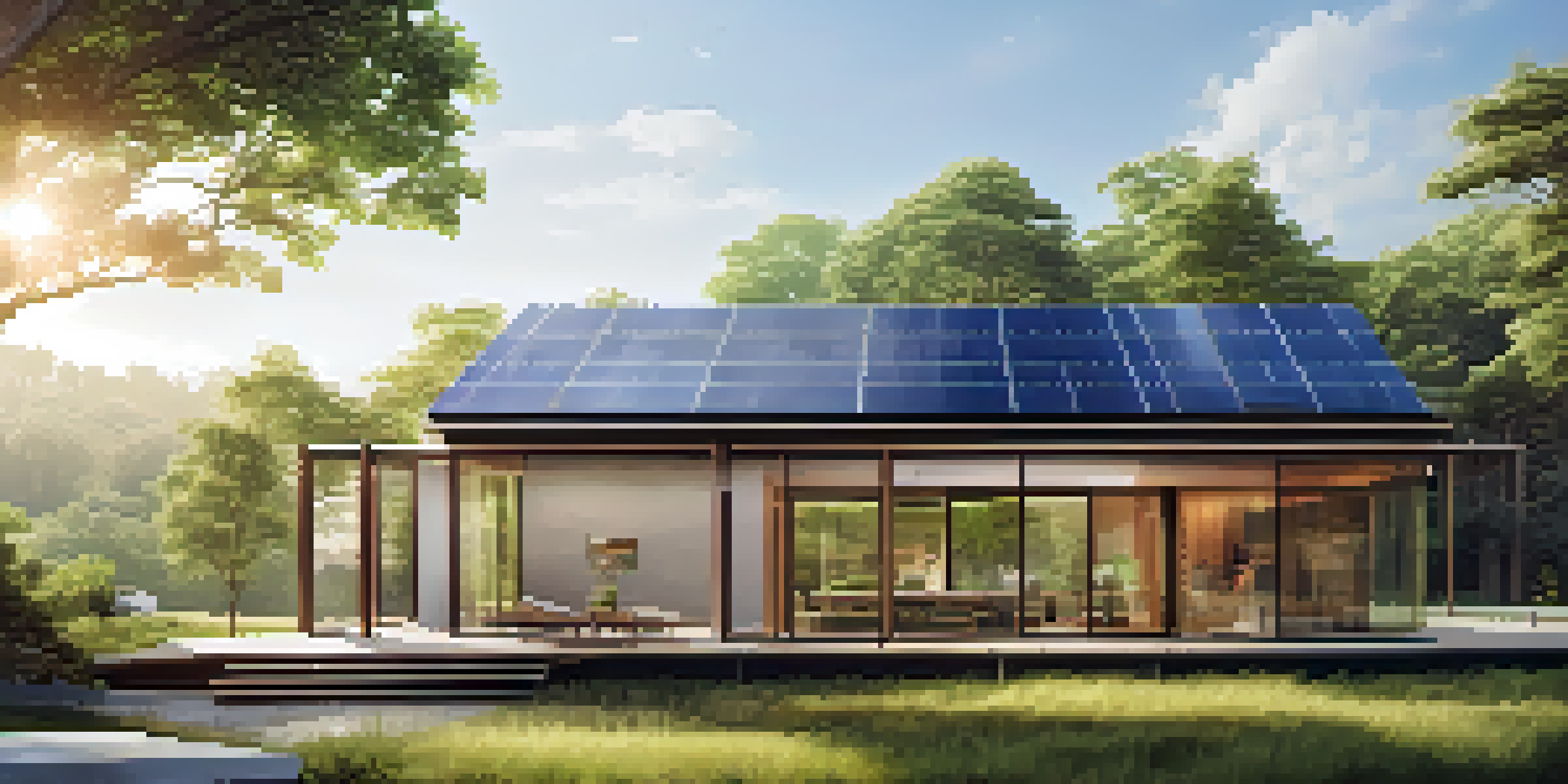 A sustainable building surrounded by green trees, featuring solar panels and large windows under a clear blue sky.