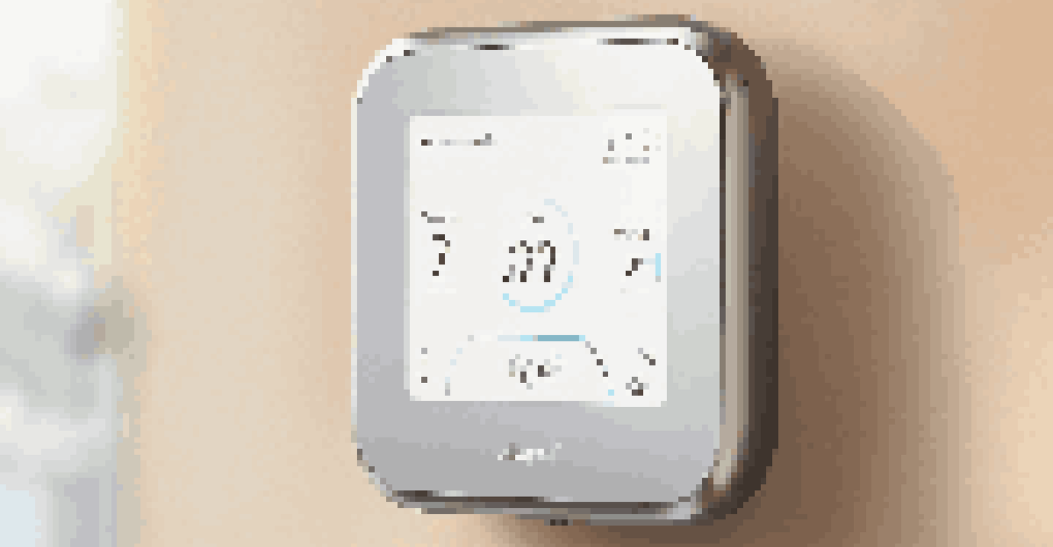 A close-up of a modern smart thermostat mounted on a wall, showing temperature settings and icons.