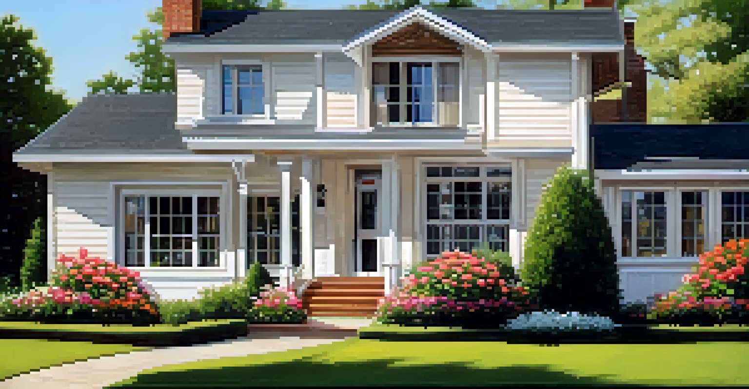 A close-up of a 'For Sale' sign in front of a modern home, surrounded by flowers and a green lawn.