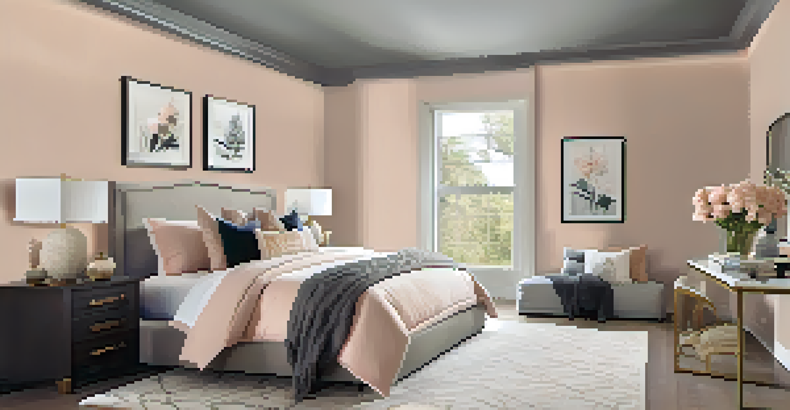 A modern bedroom with blush walls, white bedding, gray accents, and colorful decorative pillows.