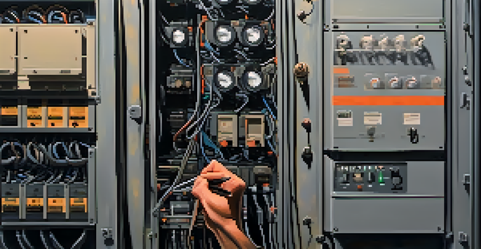 A technician inspecting a metallic gray electrical panel with visible wires and some rust spots in a dimly lit basement.