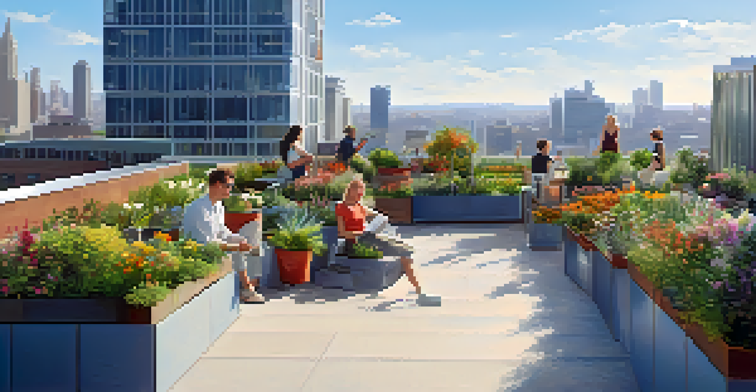 A rooftop garden on a modern building with diverse plants and people relaxing, showcasing a blend of nature and urban architecture under a sunny sky.