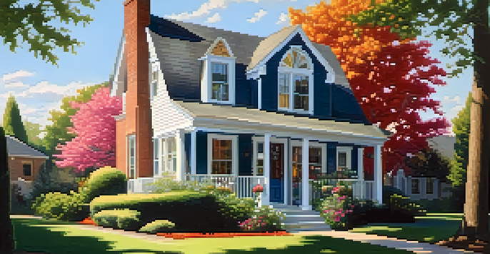 A picturesque suburban home surrounded by a beautifully manicured garden with colorful flowers and a bright front door, under a clear blue sky.