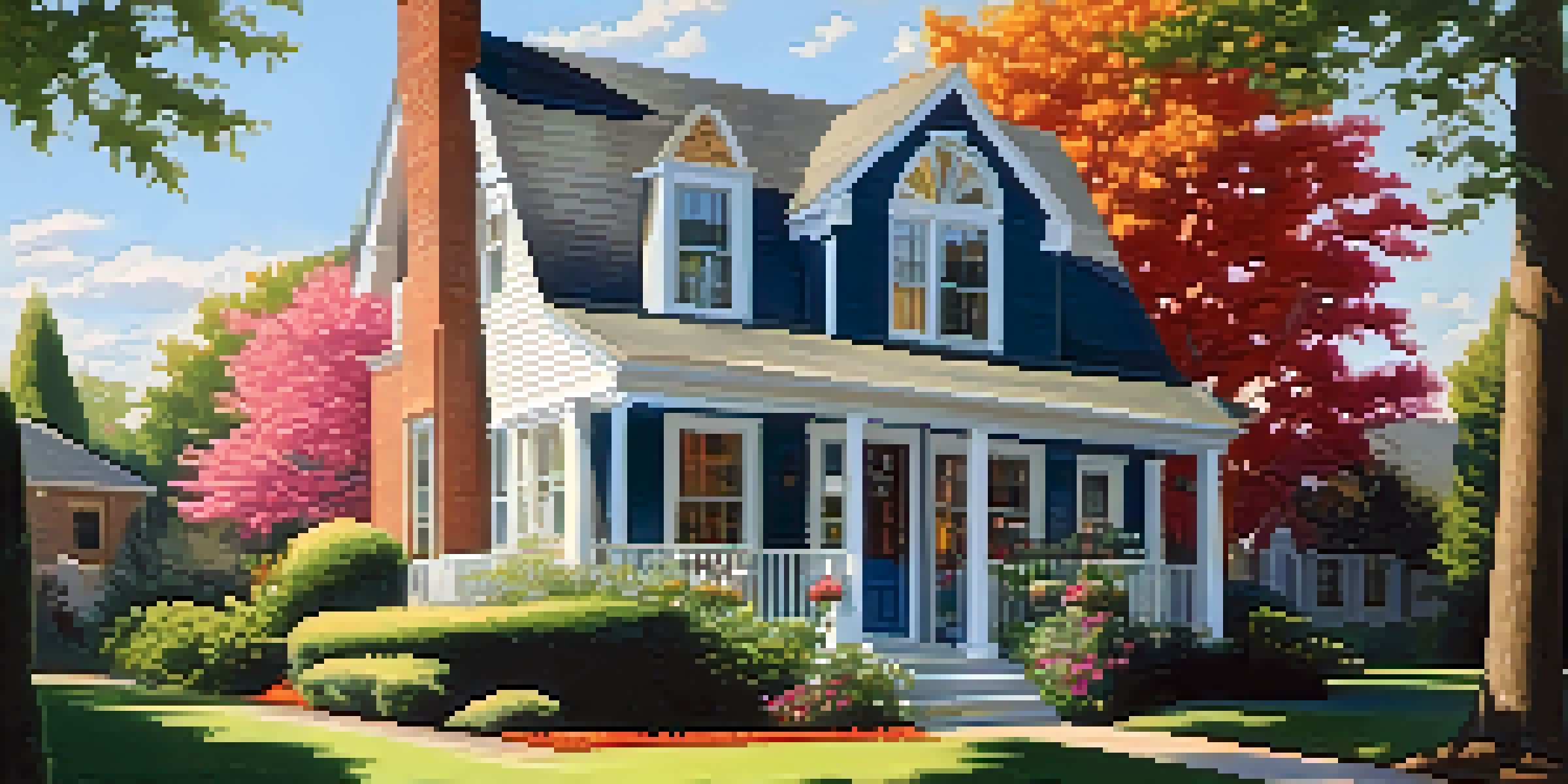 A picturesque suburban home surrounded by a beautifully manicured garden with colorful flowers and a bright front door, under a clear blue sky.