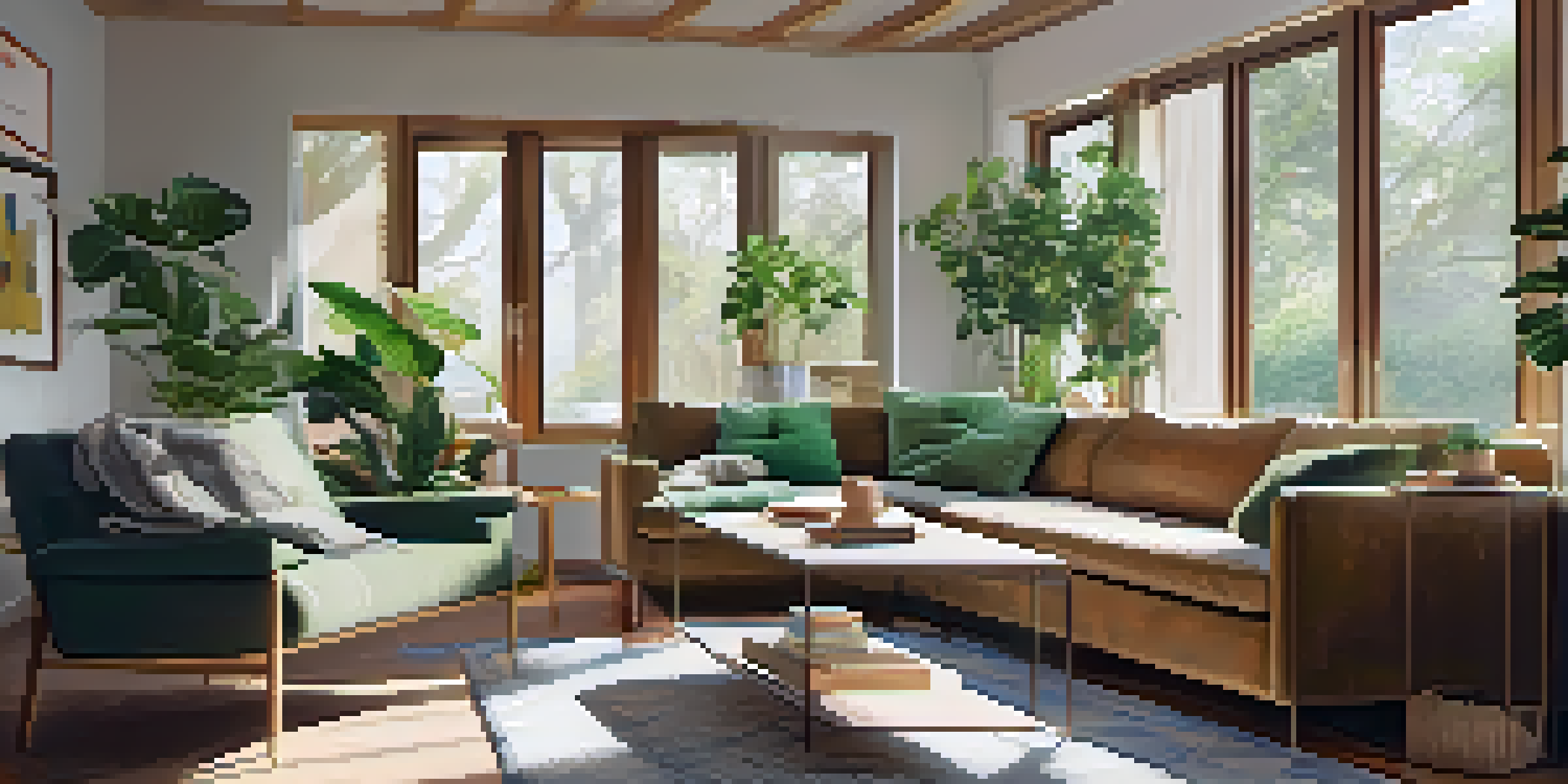 A bright living room with energy-efficient windows and a smart thermostat, showcasing a modern and inviting space filled with natural light and greenery.