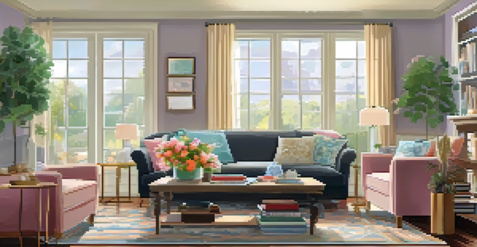 A modern living room with cozy furniture, natural sunlight, and decorative elements.