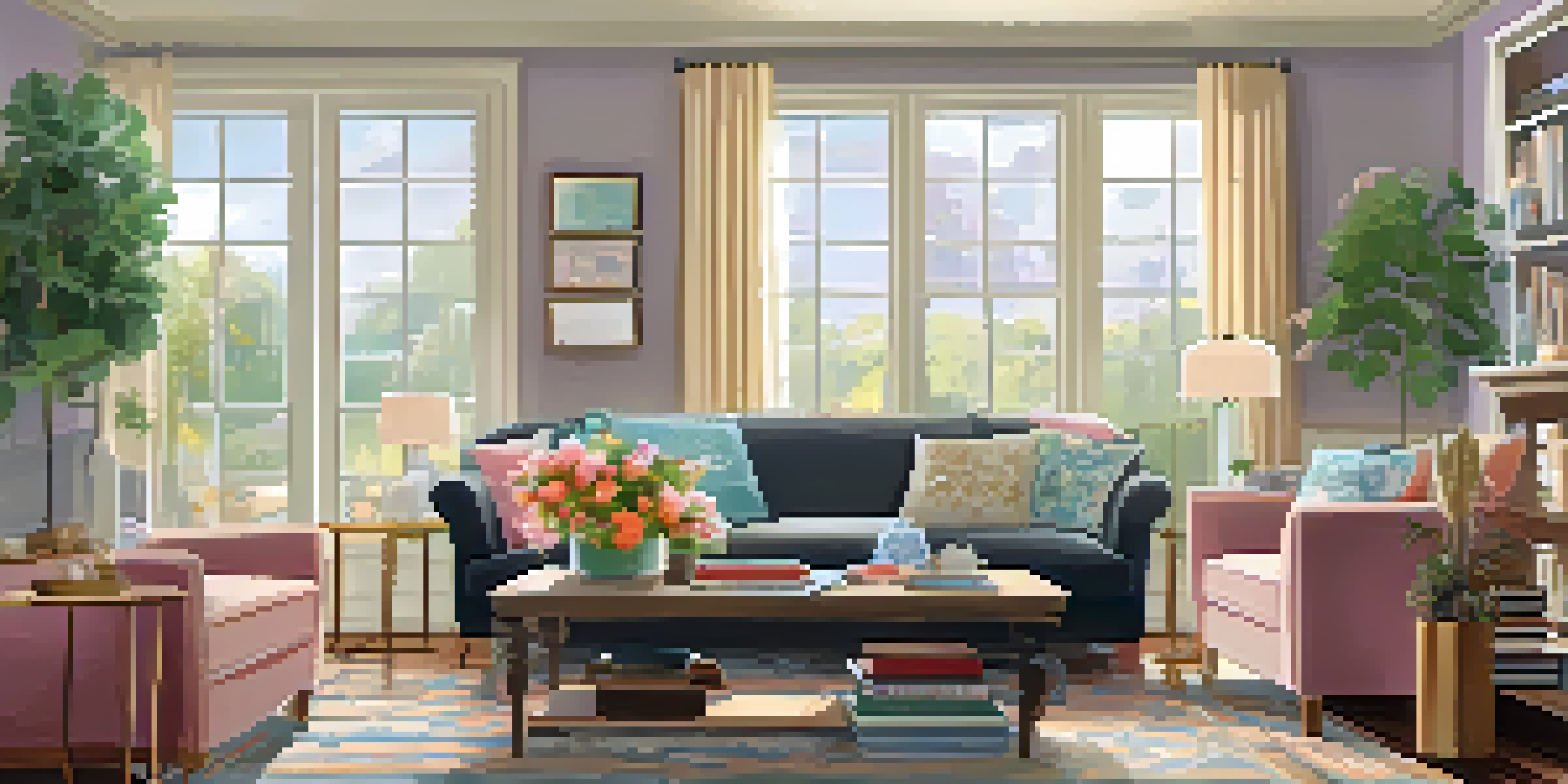 A modern living room with cozy furniture, natural sunlight, and decorative elements.