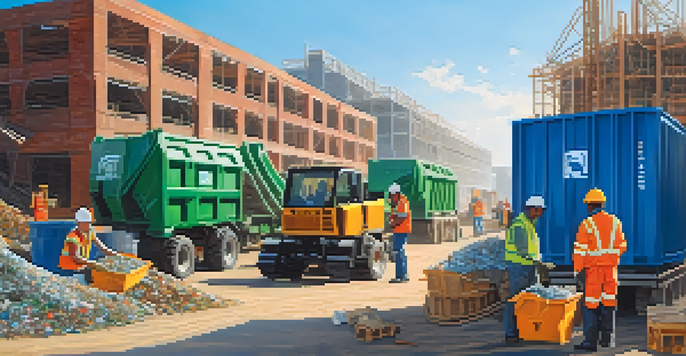 A construction site with workers sorting materials into recycling bins, surrounded by a partially built structure made from recycled materials under a clear blue sky.