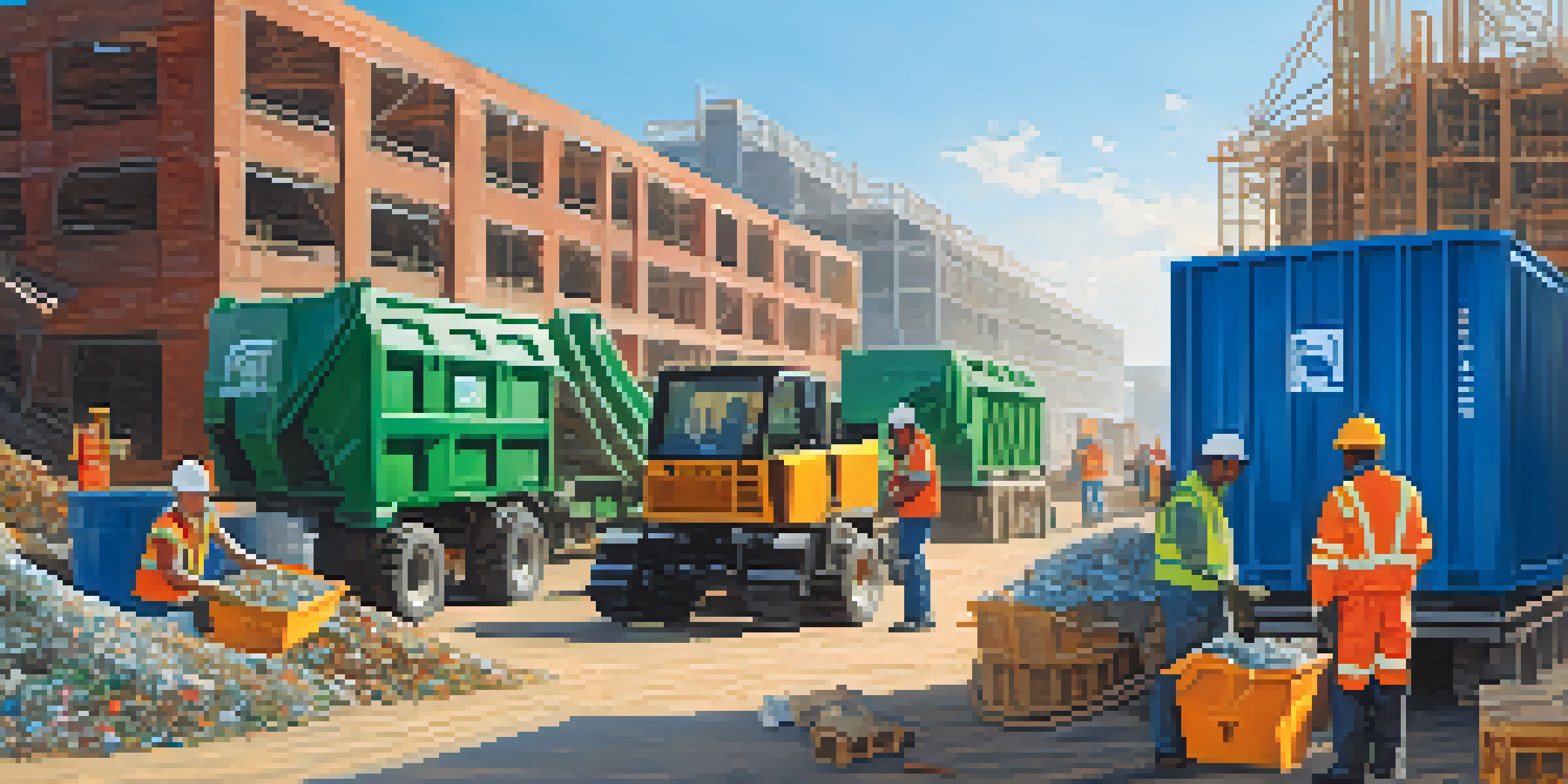 A construction site with workers sorting materials into recycling bins, surrounded by a partially built structure made from recycled materials under a clear blue sky.