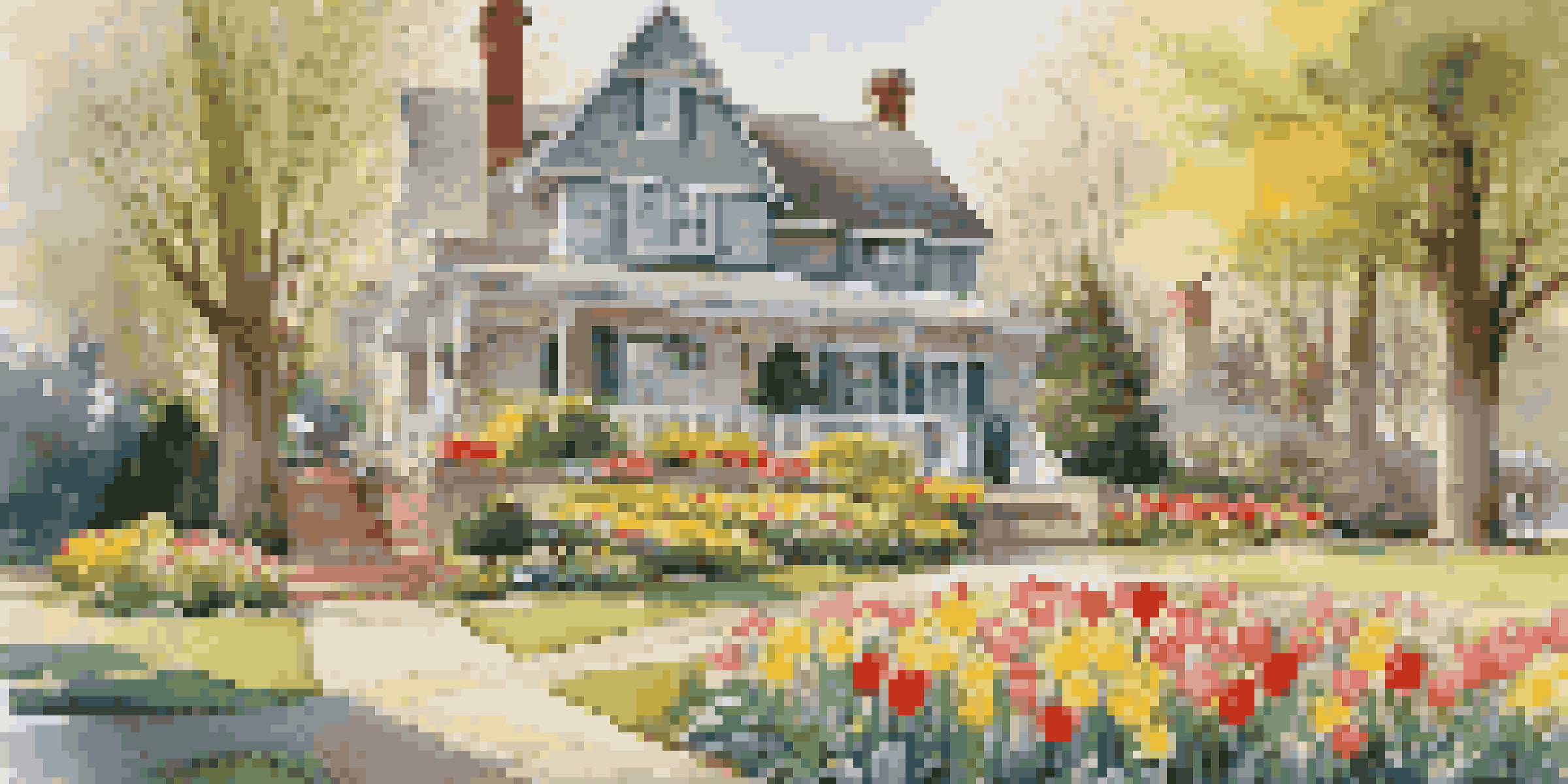 A bright spring garden filled with colorful flowers and a neatly trimmed lawn, featuring a welcoming pathway to a cozy house bathed in morning light.