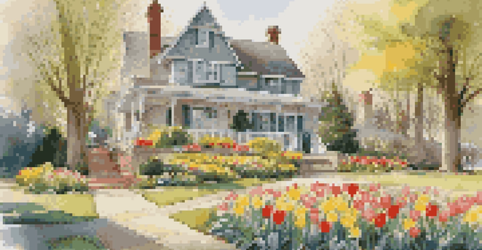 A bright spring garden filled with colorful flowers and a neatly trimmed lawn, featuring a welcoming pathway to a cozy house bathed in morning light.