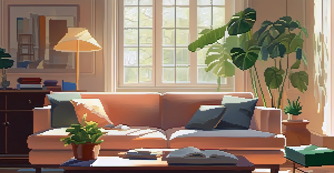 A bright and inviting living room with a sofa, coffee table, and houseplant, illuminated by sunlight.