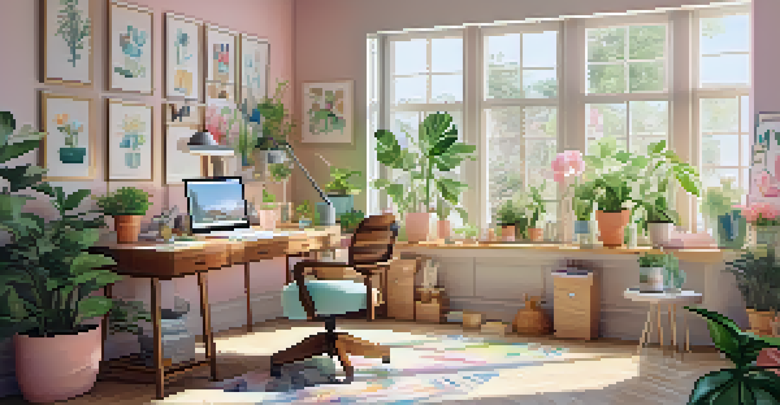 A bright spring workspace filled with pastel colors and flowers, with sunlight streaming in.