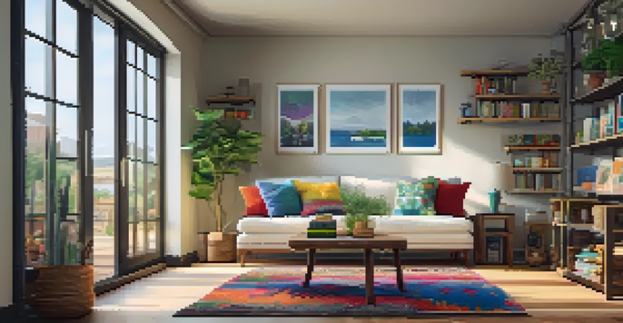 A warm and inviting living room with a mix of modern and traditional decor, large windows, and indoor plants.