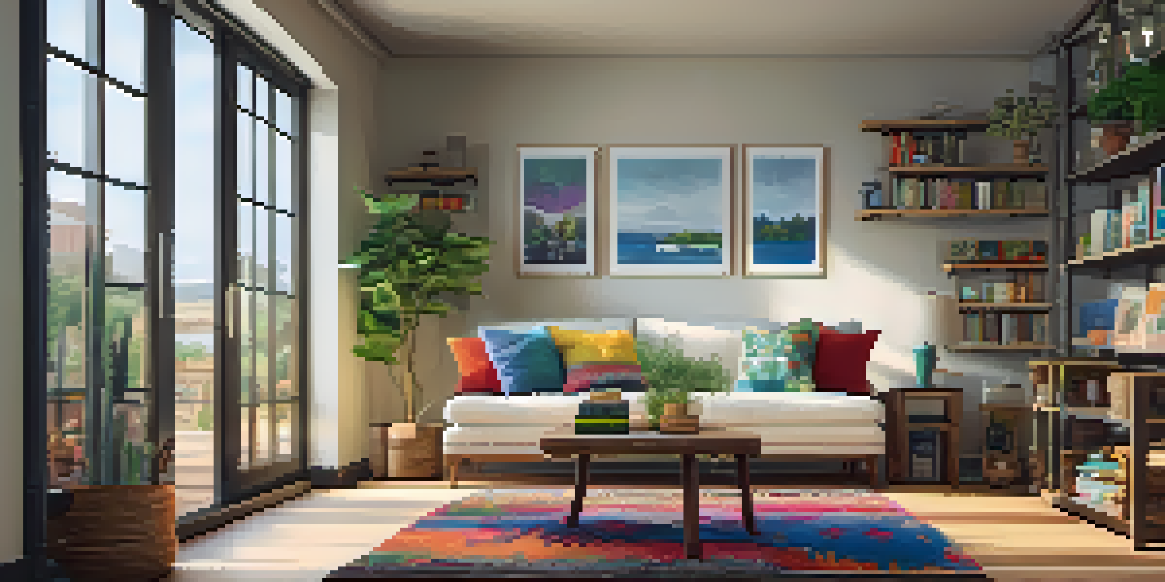 A warm and inviting living room with a mix of modern and traditional decor, large windows, and indoor plants.