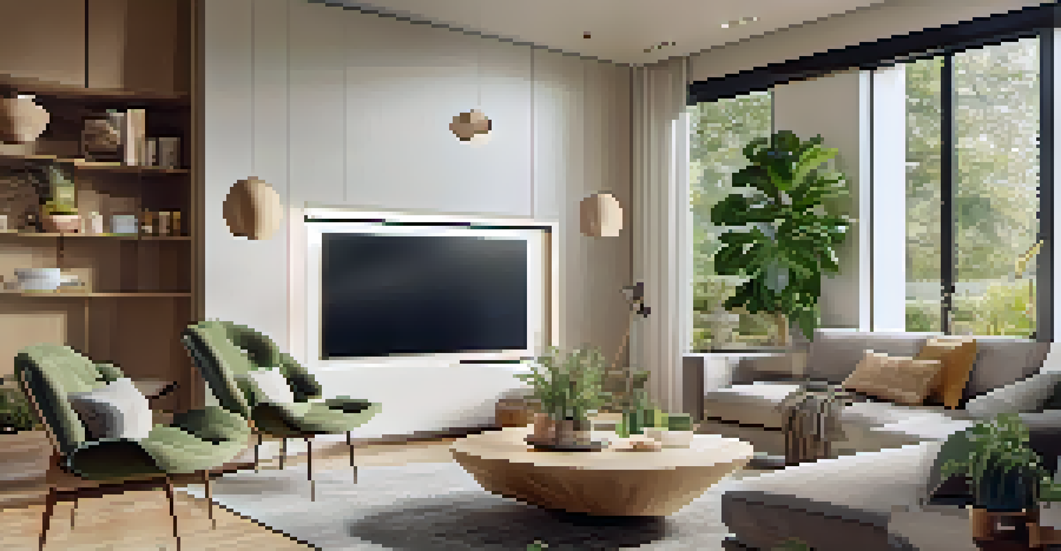A contemporary living room of a smart home filled with modern technology, natural light, and eco-friendly decor.