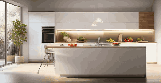 A modern kitchen with warm LED lighting under the cabinets, featuring a countertop with colorful fruits and vegetables, and stainless steel appliances.