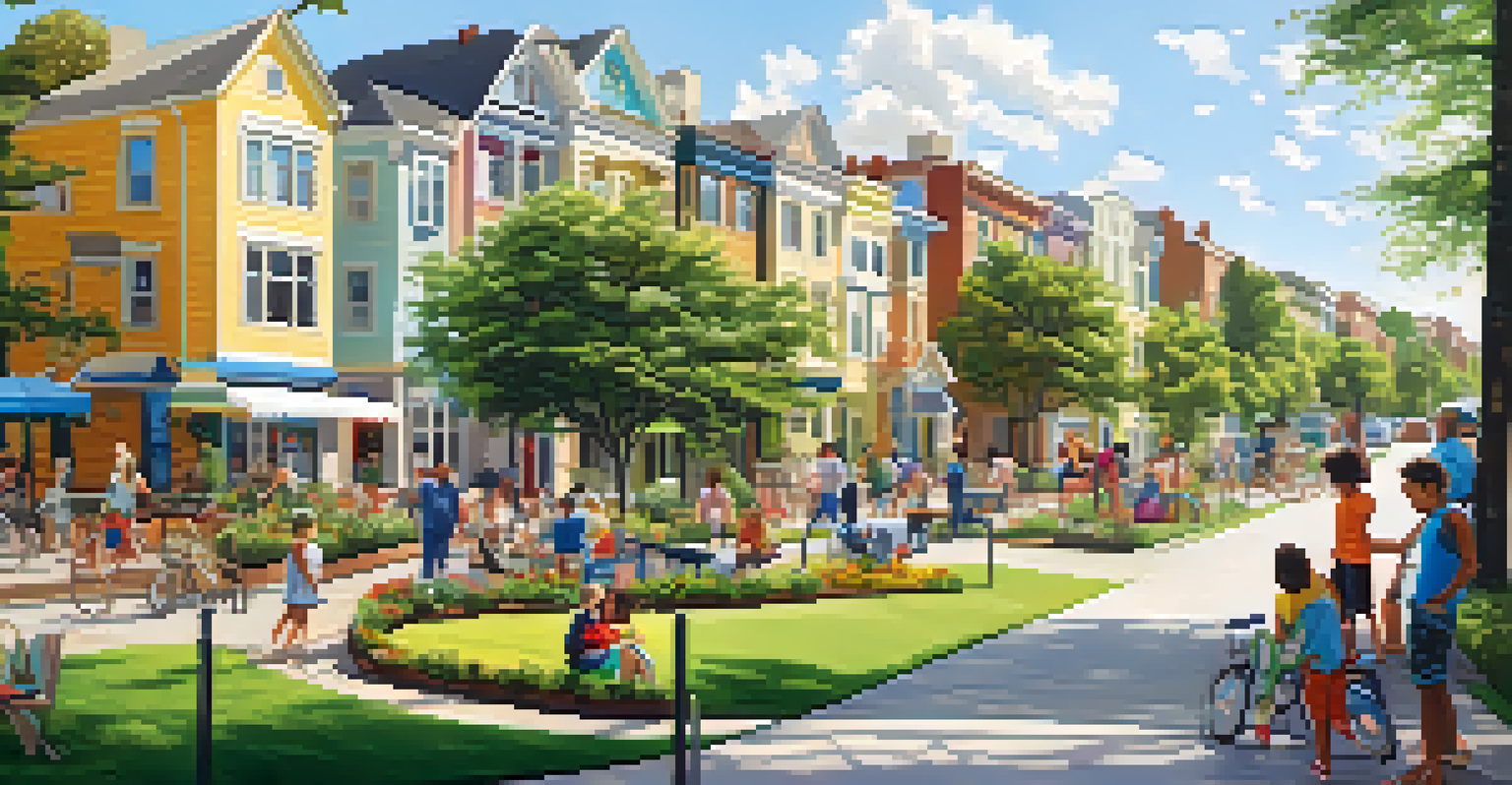 A vibrant neighborhood with families enjoying parks and cafes on a sunny day.