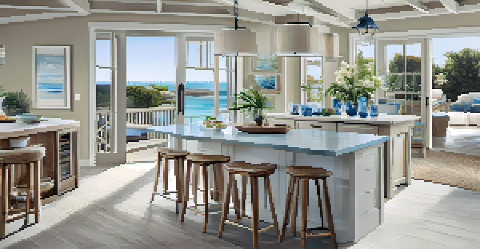 A coastal kitchen and dining area with a large island and sliding doors leading to a sunny patio.