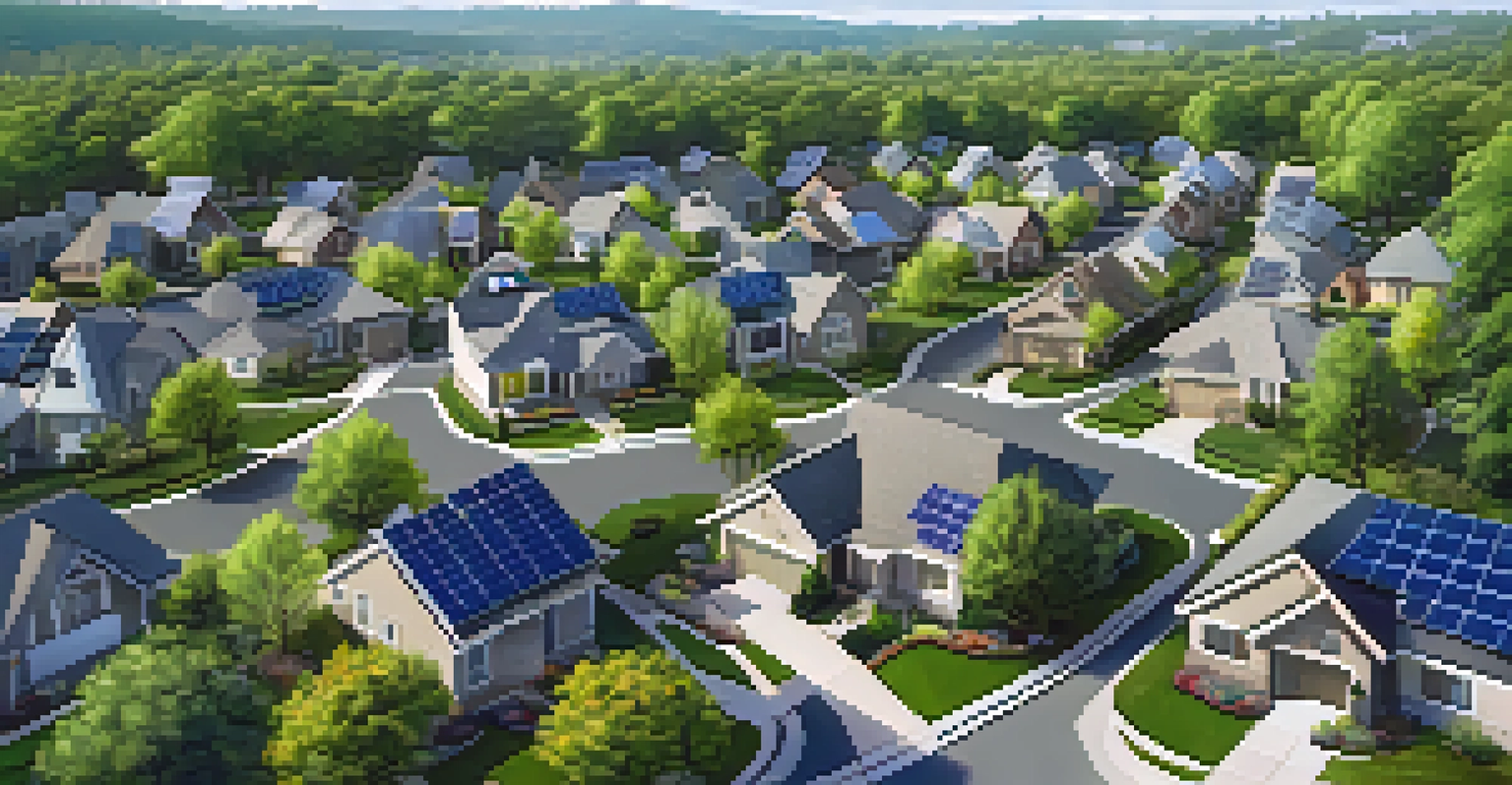 A drone's aerial perspective of a suburban area, featuring eco-friendly homes with solar panels amidst greenery.