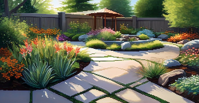 A lush garden with native plants in bloom, featuring a rain garden with water-absorbing plants and decorative stones under sunlight.