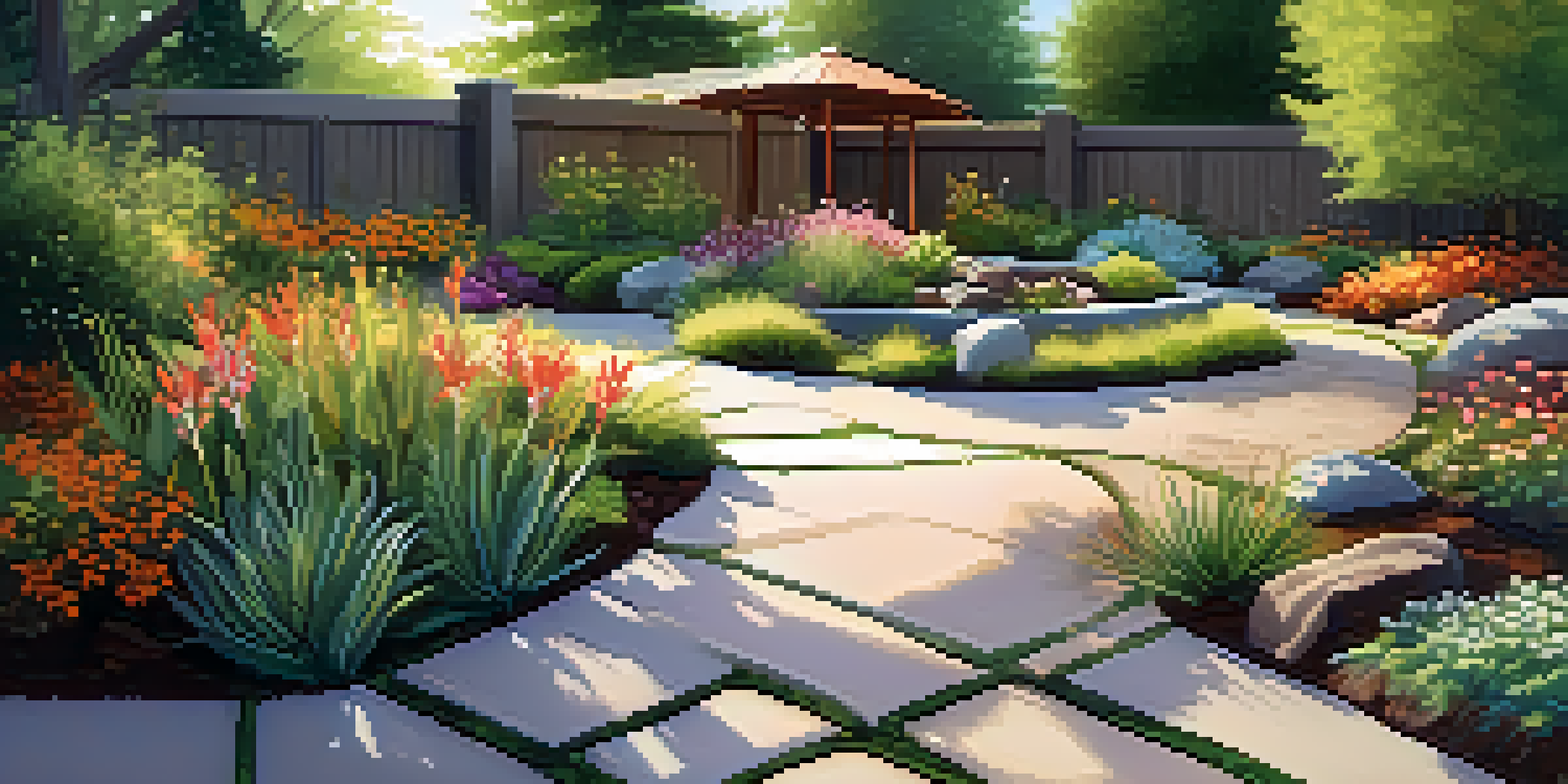 A lush garden with native plants in bloom, featuring a rain garden with water-absorbing plants and decorative stones under sunlight.