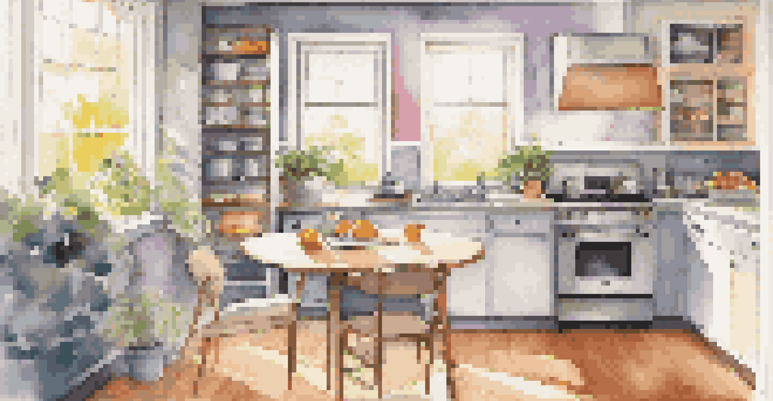 A modern kitchen featuring a small workstation with a laptop and notepad, illuminated by natural light.