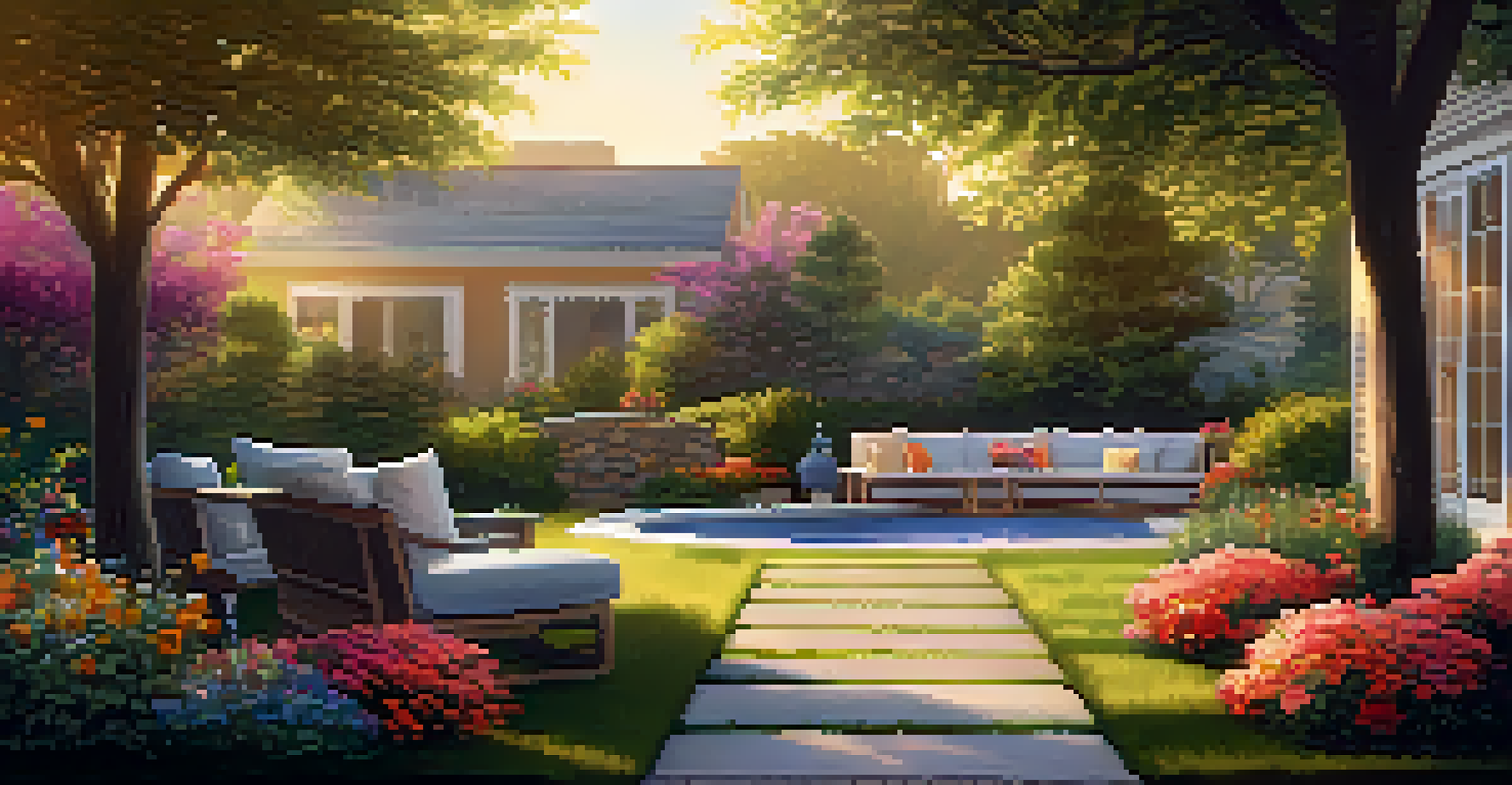 A vibrant outdoor garden with colorful flowers and a cozy seating area bathed in warm golden sunlight.
