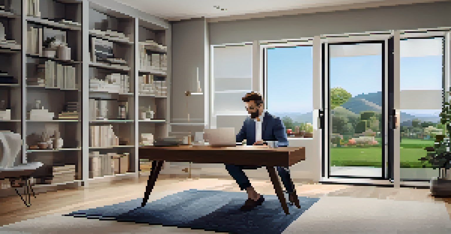 A real estate agent in a home office showcasing a property through a virtual tour on a laptop, smiling and engaged in a video chat.