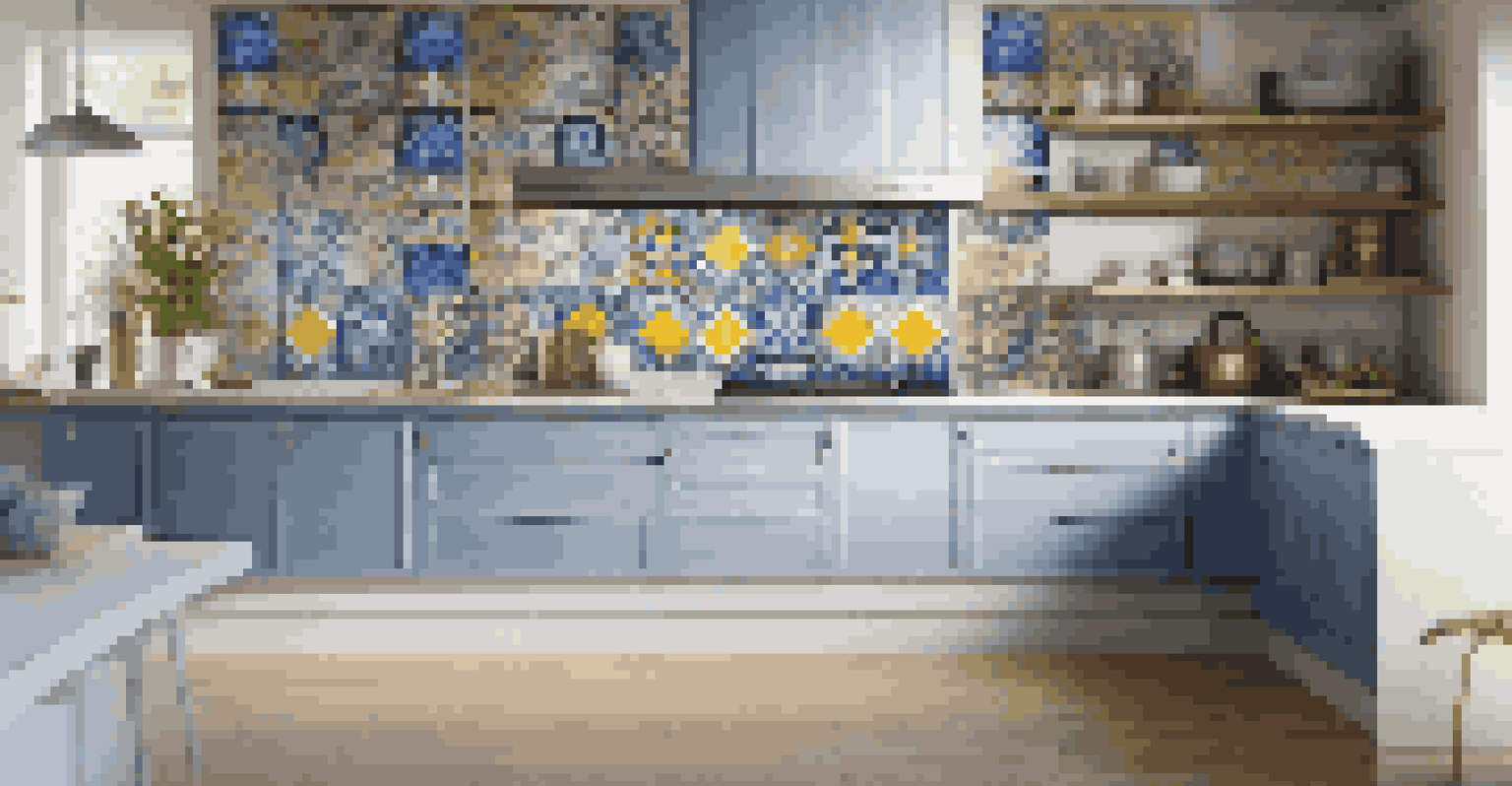 A modern kitchen featuring vintage tiles as wall art with intricate patterns and vibrant colors.