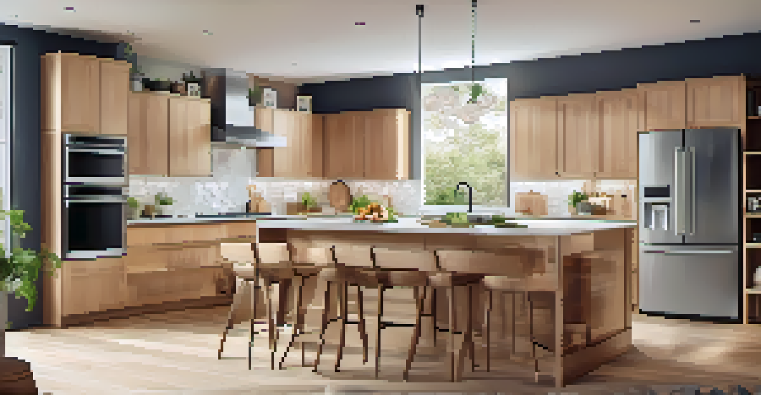A modern kitchen with family members cooking together, featuring energy-efficient appliances and a bright, inviting atmosphere.