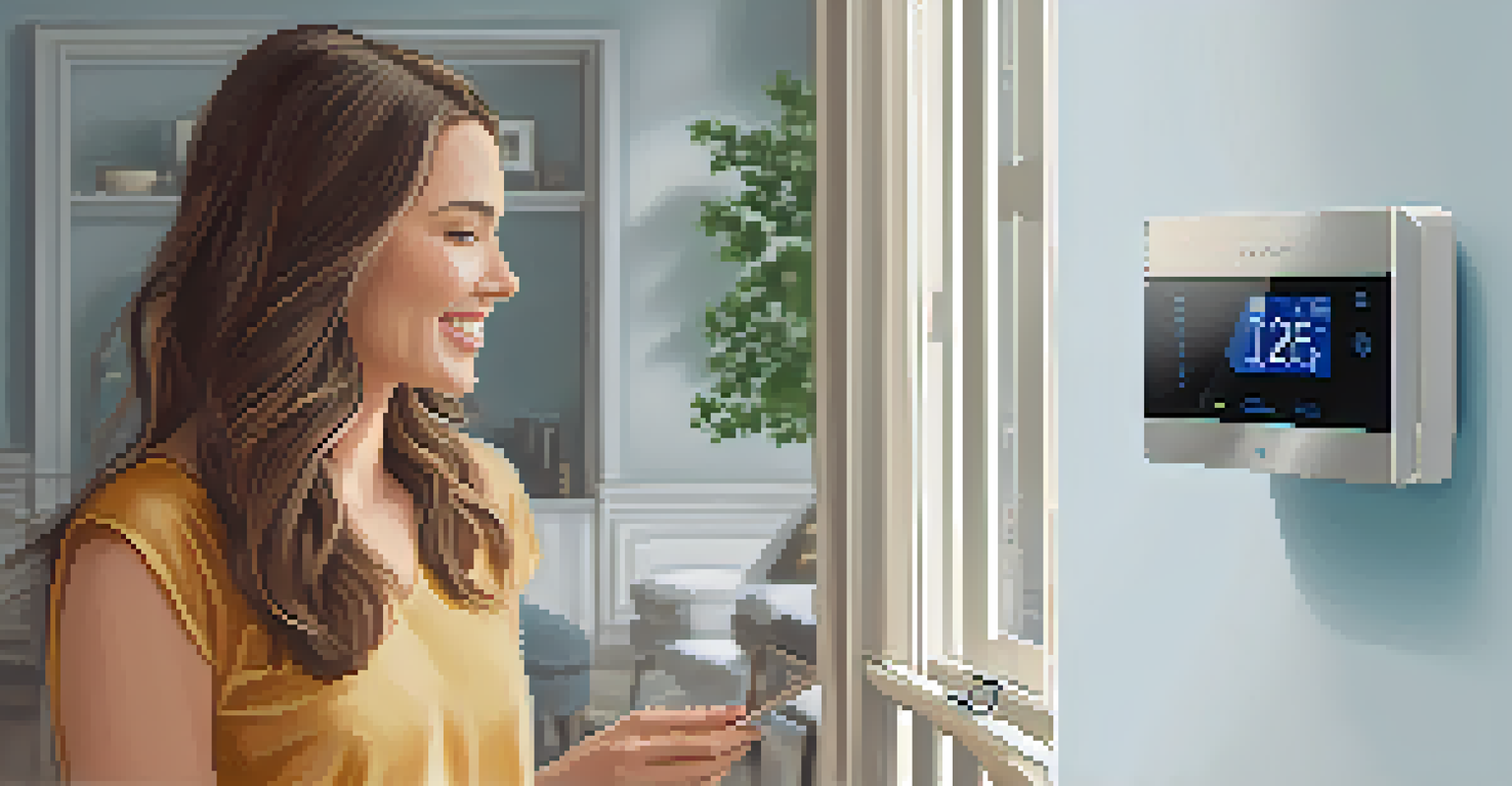 A person checking a smart thermostat in a modern home, showing a satisfied expression with clean air vents in the background.