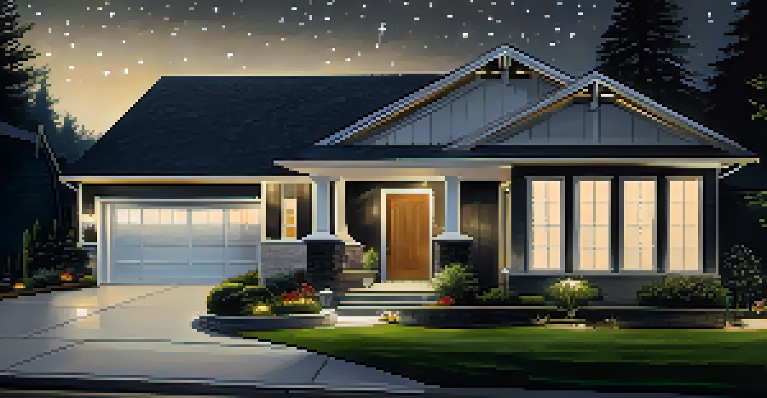 A modern home exterior at night with bright floodlights illuminating the garage and backyard, highlighting the architecture.