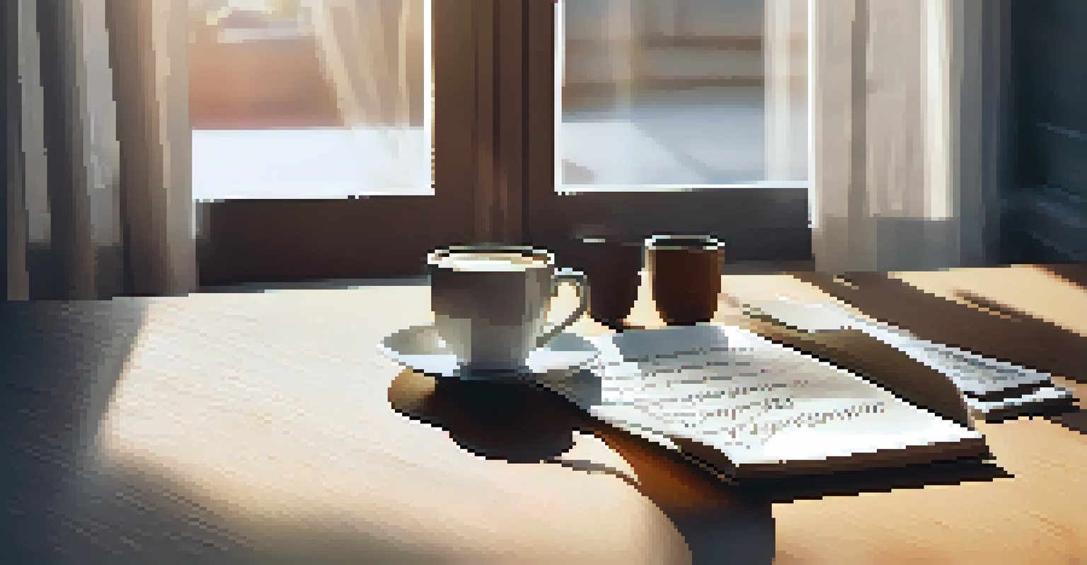 An open notebook with notes on home insurance next to coffee and a calculator, illuminated by sunlight.