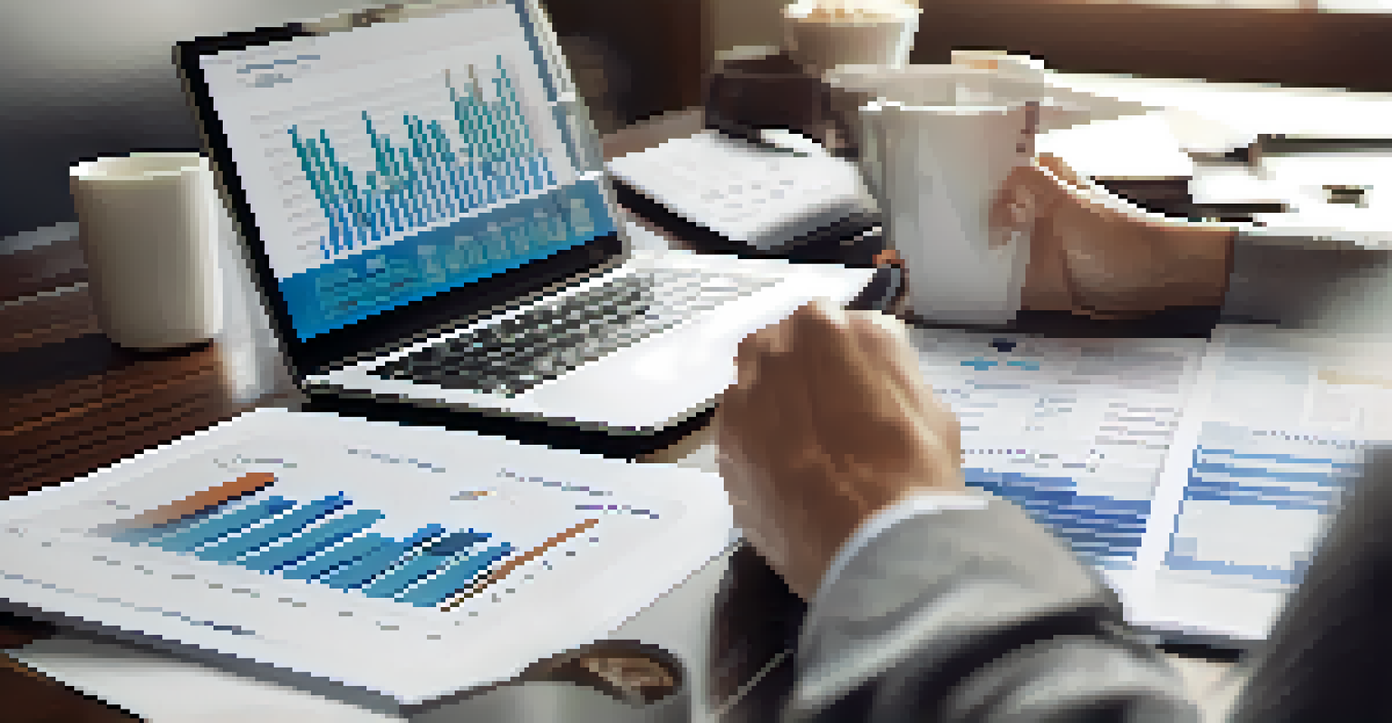 Close-up of a real estate agent's hands reviewing a market analysis document on a desk with a laptop and coffee cup.
