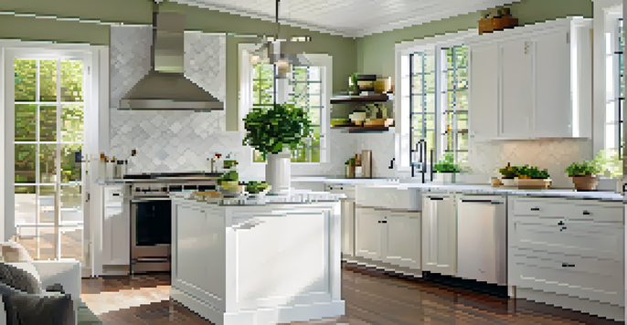 A renovated kitchen featuring white cabinets, a marble island, and sunlight streaming through large windows, with green plants on the countertops.