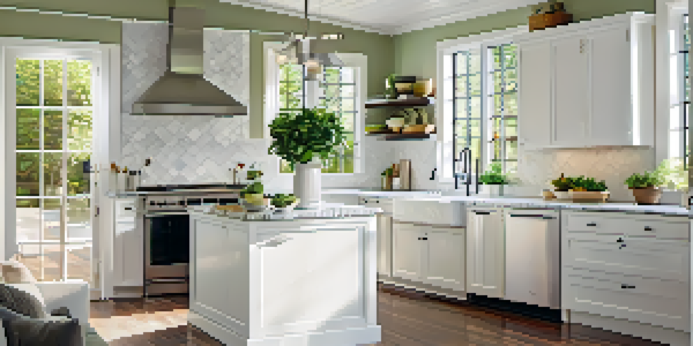 A renovated kitchen featuring white cabinets, a marble island, and sunlight streaming through large windows, with green plants on the countertops.