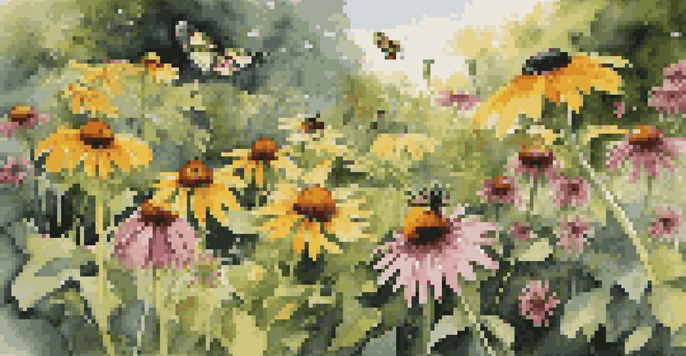 A colorful garden filled with native flowers and pollinators like bees and butterflies, illuminated by sunlight.