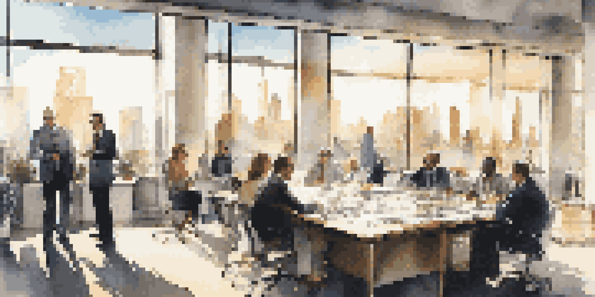 A diverse group of professionals in a bright office discussing commercial real estate market trends with charts on the table and a city skyline in the background.
