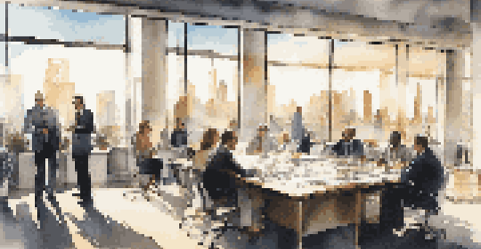 A diverse group of professionals in a bright office discussing commercial real estate market trends with charts on the table and a city skyline in the background.