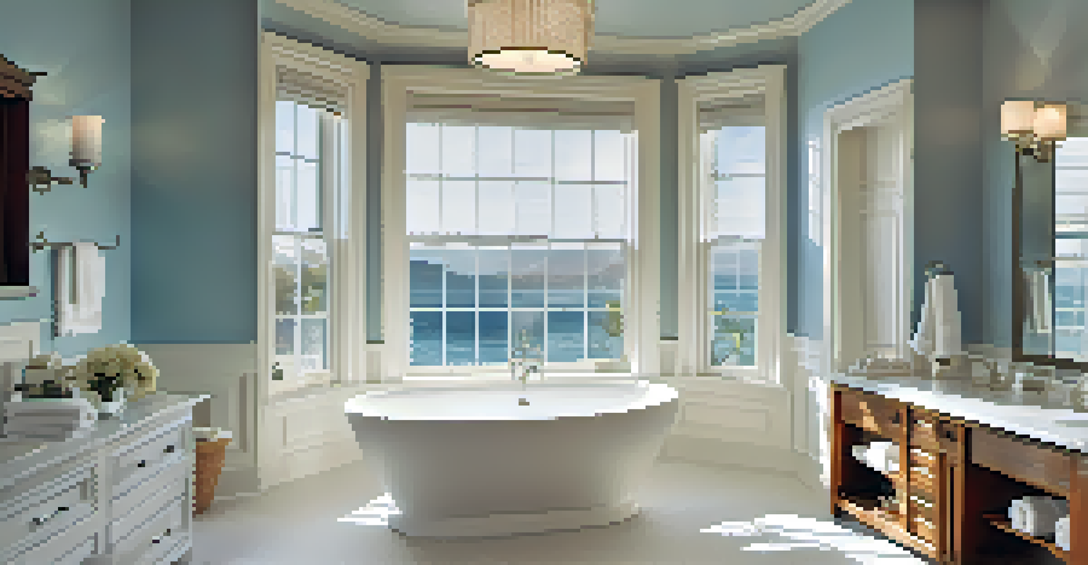 A luxurious bathroom with a soaking tub, double sinks, and light blue walls, featuring natural light and a plush white rug.