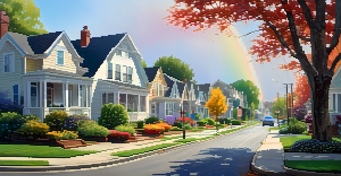 A peaceful suburban neighborhood with colorful gardens and houses after rain, featuring a rainbow and sunlight filtering through trees.