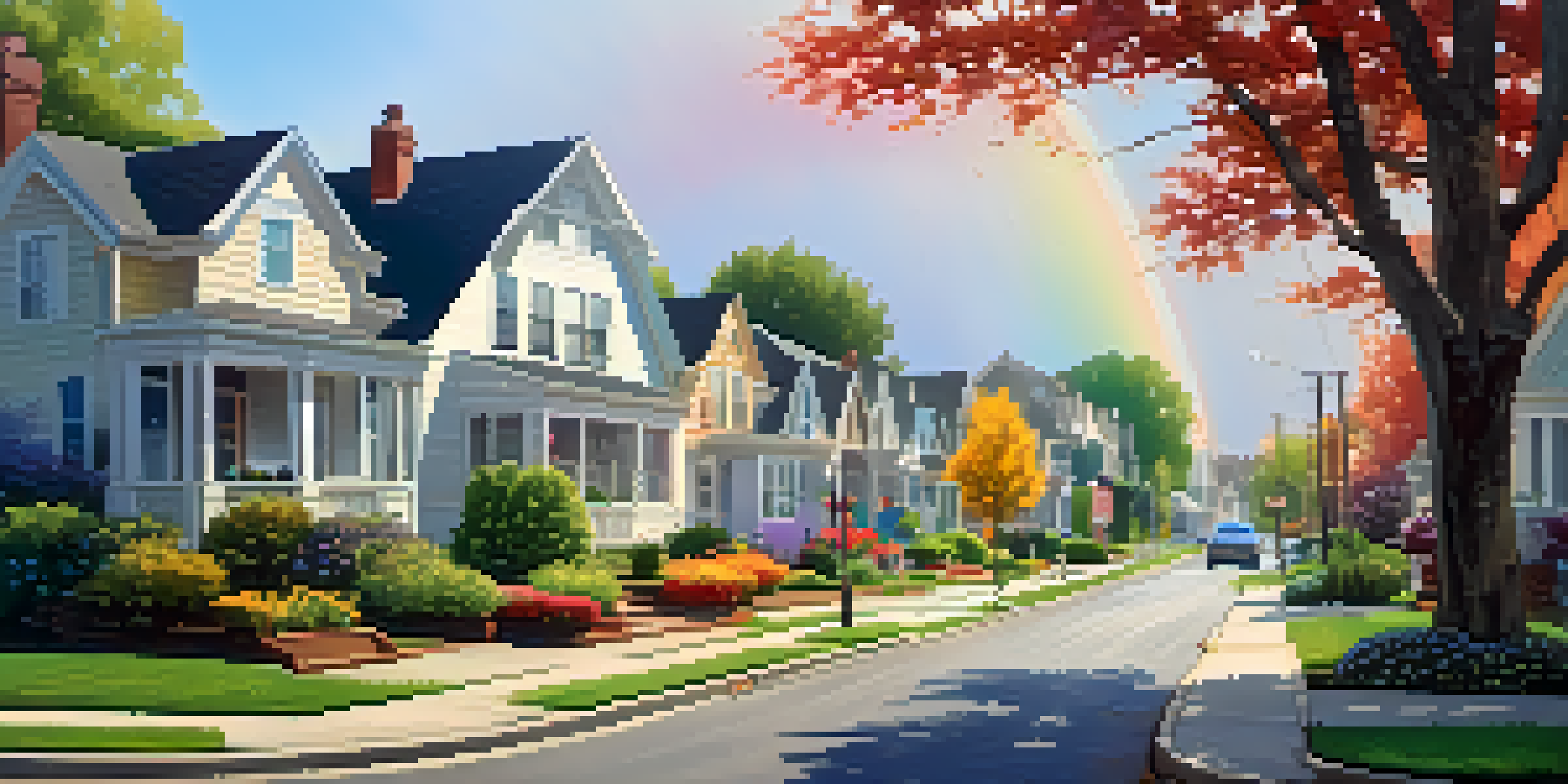 A peaceful suburban neighborhood with colorful gardens and houses after rain, featuring a rainbow and sunlight filtering through trees.