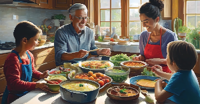 A multi-generational family cooking together, sharing stories and traditions in a bright kitchen.